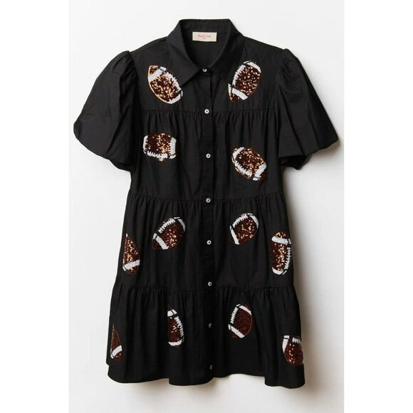 Touchdown Queen Gameday Poplin Button Down Football Dress in Black - Picture 7 of 9